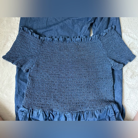 Denim Off The Shoulder Smocked Wide Leg Jumpsuit - Picture 3 of 5